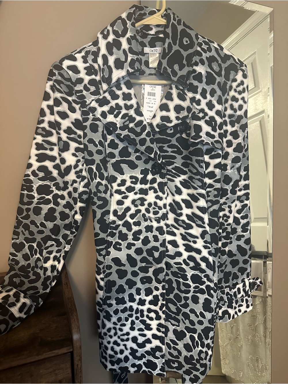 Cache Black and White Animal Print Trench Coat